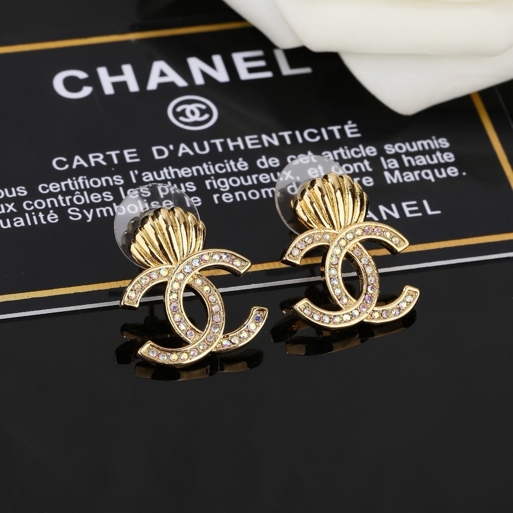 CHANEL Gold-Tone AB Crystal Shell CC Logo Stud Earrings